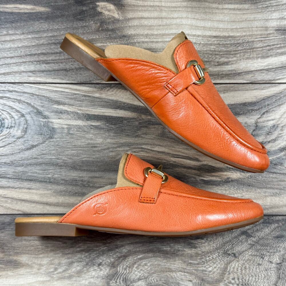 NIB Born Lareina 9M Leather Moc Toe Horsebit Slip On Mules Clog Orange - Picture 7 of 11